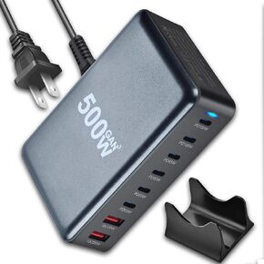 500W USB C Fast Charger, USB C 8-Port Charging Station Hub, GaN Aadapter Block, PD 100W 65W QC 20W Power Supply for MacBook Pro/Air/All iPad, Samsung DELL, Steam Deck, iPhone 16/15