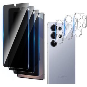 3+3 Pack Privacy Screen Protector Designed for Samsung Galaxy S25 Ultra With 3 Pack Camera Lens Protector,Full Coverage Anti-Spy Tempered Glass Film,9H Hardness,Bubble Free,Easy to Install