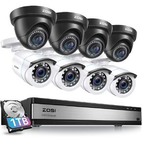 ZOSI 1080P H.265+ Home Security Camera System, 8CH 5MP-Lite Surveillance DVR, 8 x 1080p Weatherproof CCTV Dome Bullet Camera Outdoor, 80ft Night Vision, Remote Access, 90° View Angle, 1TB Hard Drive