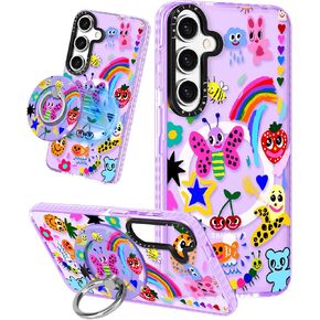 Cute Case for Samsung Galaxy S25 Ultra for Women Girls - Funny Blue Flower Design Compatible with Magsafe Magnetic Ring Holder Kickstand Fashion TPU Phone Covers
