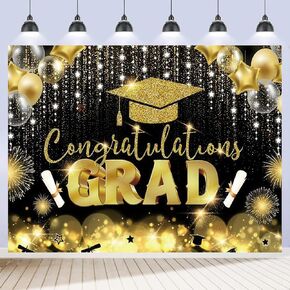 Graduation Backdrop 10x8ft Black and Gold Congrats Grad Banner Class of 2025 Congratulation Graduate Photo Background for High School College Celebration Prom Party Decor Outdoor Indoor
