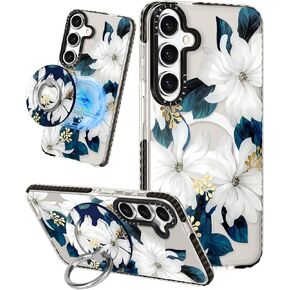 حالة لطيفة لـ Samsung Galaxy S25 Ultra for Women Girls - تصميم زهرة زرقاء مضحكة متوافقة مع Magsafe Magnetic Ring Holder Kickstand Fashion Tpu Covers in Kuwait