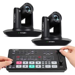 FoMaKo AI Auto Tracking HDMI PTZ Camera, 20x Optical Zoom(2pcs), M1 Video Mixer Switcher, for Church Services Worship Education,PTZ Bundle(FMK12UH Pro(20x)-B X2+M1)