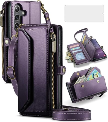 Asuwish Phone Case for Samsung Galaxy S25 Plus S25+ 5G Zipper Wallet Cover with Tempered Glass Screen Protector and Leather Flip RFID Blocking Card Holder Cell S25plus 25S + S 25 25+ Women Men Purple in Kuwait