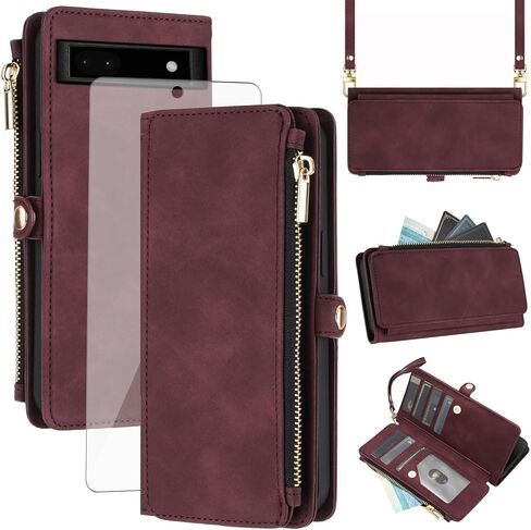 Asuwish Phone Case for Google Pixel 6A 5G 2022 Zipper Wallet Cell Cover with Tempered Glass Screen Protector Crossbody Wrist Strap Flip Credit Card Holder Slot Pixel6A A6 Women Men Red in Saudi Arabia
