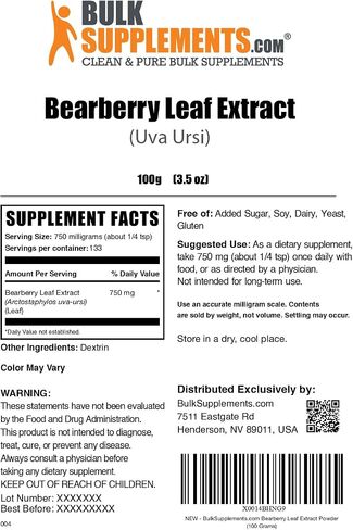 BulkSupplements.com مسحوق مستخلص أوراق التوت - مستخلص أوفا أورسي، مكمل عنب الدب، مسحوق أوراق التوت - نباتي وخالي من الغلوتين، 750 مجم لكل وجبة، 250 جم (8.8 أونصة) (عبوة من قطعة واحدة) in Saudi Arabia