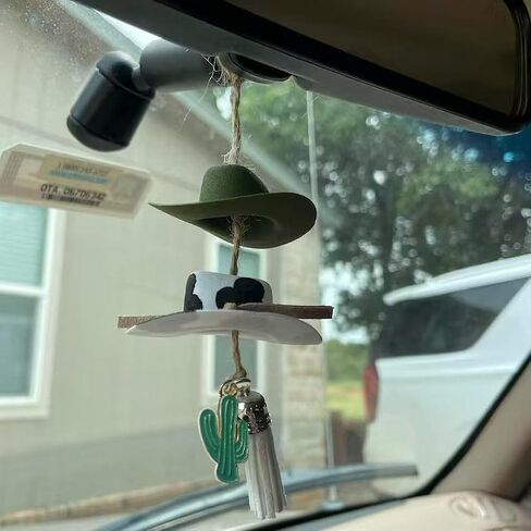 Cowboy Hat Car Charm,Country Rear View Mirror Hanging Accessories,Sunflower Cowgirl Hat Cow Print Car Decor,Cute Handmade Felt Mini Hat Ornament Pendent for Women Girls in Saudi Arabia