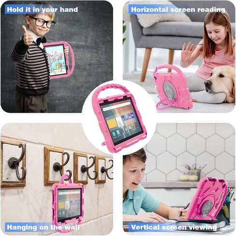 Fire HD 8 Case for Kids (2024/2022/2020 الإصدار ، الجيل الثاني عشر/العاشر) ، لا يتوافق مع iPad Samsung ، ودود إثبات الصدمة ، و 360 موقف قبضة دوارة ، ومقبض مقبض محمول (وردي) in Kuwait