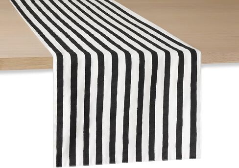 KATE SPADE NEW YORK Hand Painted Shirting Stripe Reversible Table Runner, 100% Cotton, Cream/Black, 15"x72" in Saudi Arabia
