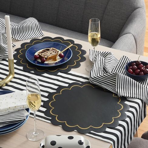 KATE SPADE NEW YORK Hand Painted Shirting Stripe Reversible Table Runner, 100% Cotton, Cream/Black, 15"x72" in Saudi Arabia