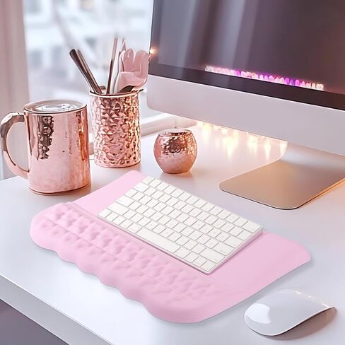 MOSISO Keyboard Stand with Wrist Rest, PU Leather Ergonomic Unique Wing Curved Edge Keyboard Riser with Wrist Rest Pad, Non-Slip Base Easy Typing Cushion with Memory Foam for Home Office, Pink in Saudi Arabia