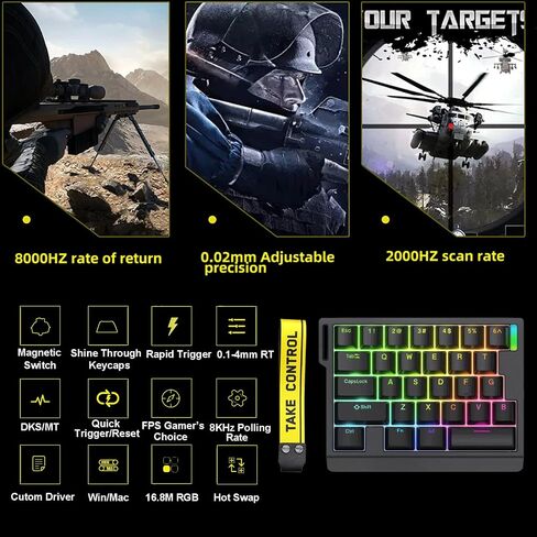 HE30 Rapid Trigger Magnetic Switch Gaming Keyboard,One-Handed Hall Effect RGB HotSwap Adjustable Actuation 8kHz Hyper Fast Mini Macro Gasket E-Sports Keypad Ergonomic Mechanical Keyboard (Black) in Kuwait