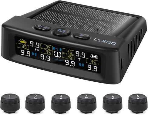 نظام مراقبة ضغط الإطارات RV مع شاحن بالطاقة الشمسية وشاحن USB، TPMS للمقطورة مع 4 أجهزة استشعار و6 أوضاع إنذار، شاشة عرض LCD، مراقبة الضغط ودرجة الحرارة في الوقت الحقيقي لسيارة السيدان، سيارات الدفع الرباعي، MPV (0-99 رطل لكل بوصة مربعة) in Saudi Arabia