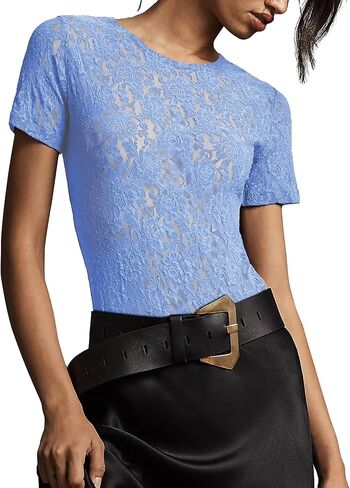 Gacaky Womens Mesh Sheer Short Sleeve Layering Top Summer Sexy Y2k Floral Embroidery Lace See Through Tee in Kuwait