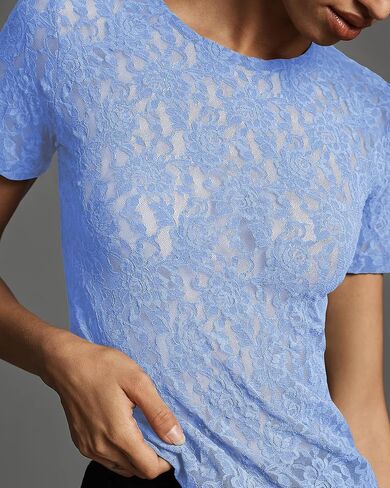 Gacaky Womens Mesh Sheer Short Sleeve Layering Top Summer Sexy Y2k Floral Embroidery Lace See Through Tee in Kuwait