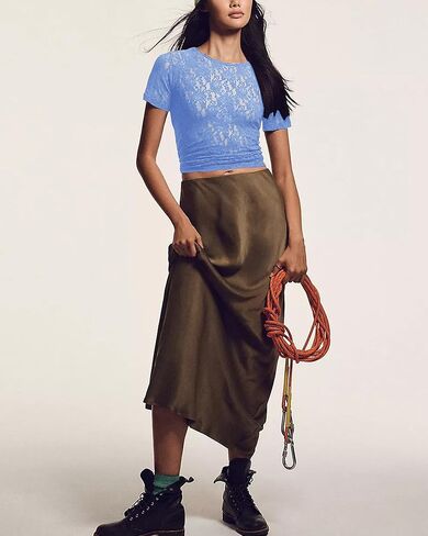 Gacaky Womens Mesh Sheer Short Sleeve Layering Top Summer Sexy Y2k Floral Embroidery Lace See Through Tee in Kuwait