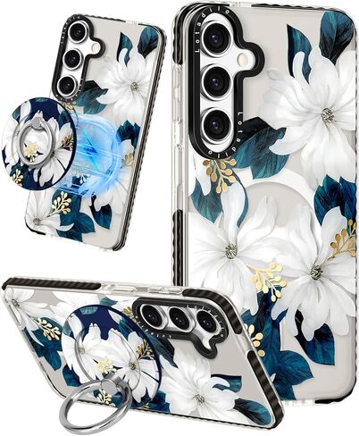 Cute Case for Samsung Galaxy S25 Ultra for Women Girls - Funny Blue Flower Design Compatible with Magsafe Magnetic Ring Holder Kickstand Fashion TPU Phone Covers in Kuwait
