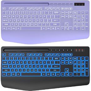 Trueque 2 Pack Wireless Keyboard with Wrist Rest & Phone Holder, 7 Colored Backlits, Rechargeable Ergonomic Computer Keyboard with Silent Keys, Full Size Lighted Cordless Keyboard Black & Purple