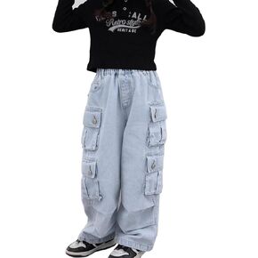 Rolanko Girls Jeans Denim Elastic Wasit Wide Leg Baggy Pants Kids Clothes 4-14 Years