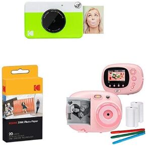 Kodak PRINTOMATIC Digital Instant Print Camera (Green), with Extra Paper and Kids Instant Print Camera & Video Camcorder Bundle with Frames, Filters for Hours of Fun - Pink