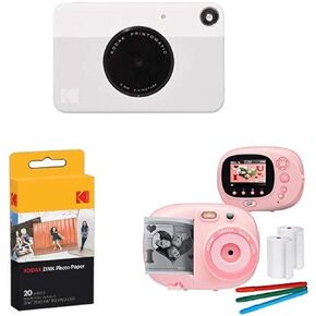 Kodak PRINTOMATIC Digital Instant Print Camera (Grey), with Extra Paper and Kids Instant Print Camera & Video Camcorder Bundle with Frames, Filters for Hours of Fun - Pink