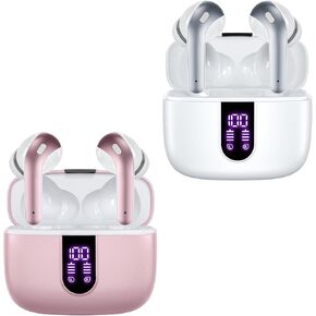TAGRY 2 Sets X08 Pink and White Bluetooth Headphones True Wireless Earbuds 60H Playback Ear Buds with Wireless Charging Case in-Ear Earbuds with Mic