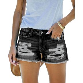 Women's Mid Rise Ripped Stretchy Jean Shorts Frayed Raw Hem Casual Denim Shorts