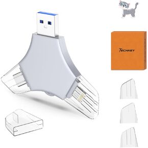 USB 3.0 Flash Drive 64gb for iPhone, 3in1 External Memory Picture Keeper Storage Stick for Photo/Video/Data Saver/Backup, V8.85High Speed Thumb Drives for iPhone/iPad/Android/PC - Grayish-Yellow