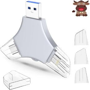 USB 3.0 Flash Drive 64gb for iPhone, 3in1 External Memory Picture Keeper Storage Stick for Photo/Video/Data Saver/Backup, V8.43High Speed Thumb Drives for iPhone/iPad/Android/PC - Beige-Gray