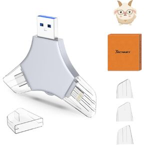 USB 3.0 Flash Drive 64gb for iPhone, 3in1 External Memory Picture Keeper Storage Stick for Photo/Video/Data Saver/Backup, V11.15High Speed Thumb Drives for iPhone/iPad/Android/PC - Smoke-Blue