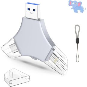 USB 3.0 Flash Drive 64gb for iPhone, 3in1 External Memory Picture Keeper Storage Stick for Photo/Video/Data Saver/Backup, V7.68High Speed Thumb Drives for iPhone/iPad/Android/PC - Bluish