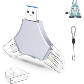 USB 3.0 Flash Drive 64gb for iPhone, 3in1 External Memory Picture Keeper Storage Stick for Photo/Video/Data Saver/Backup, V7.88High Speed Thumb Drives for iPhone/iPad/Android/PC - Light