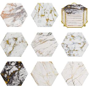 Marble Coaster Set for Table Protection,8 Pcs Drink Coasters with Metal Holder, Home Decor, Bar Coasters