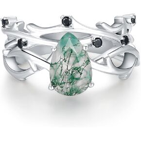 IRROYA Genuine Moissanite Bridal Sets - 1.50 Carat Pear Cut Natural Moss Agate Wedding Sets - Milgrain Floral Half Eternity Engagement Ring - Round Cut Created Black Spinel Wedding Band - Art Deco Platinum Plated 925 Silver Rings - Gifts For Women - Vinta