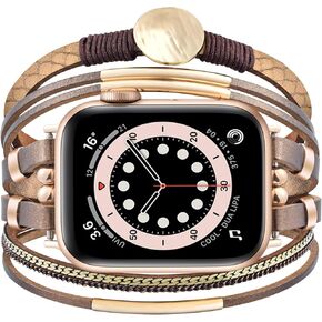 V-MORO Boho Leather Bracelet Compatible with Apple Watch Band 38/40/41/42mm(series 10),42/44/45/46mm Handmade Multilayer Wrap Metal Tube Jewelry Strap for iWatch Series 9 8 7 SE 6 5 4 3 2 1