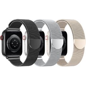 حلقة شبكية متوافقة مع أشرطة Apple Watch للنساء الرجال 40 مم 41 مم 38 مم 42 مم (سلسلة 10) ， حزام مغناطيسي معدني من الفولاذ المقاوم للصدأ لـ IWatch ، Black+Silver+Starlight