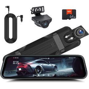 Upgraded 9.66 '' Rear View Mirror Camera Mirror Dash Cam Front and Rear 1080P Backup Camera IPS Full Touch Screen 64GB WDR Loop Recording Streaming Media Night Vision Motion Detection Parking Monitor