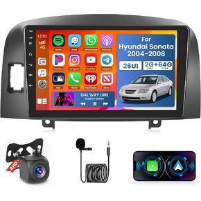 【2+64GB】 Fuluku for Hyundai Sonata 2004-2008 Double din Android Car Stereo 9" Touch Screen with Wireless Carplay Android Auto, Radio Dash Kit GPS Navigation WiFi Bluetooth SWC, Backup Camera
