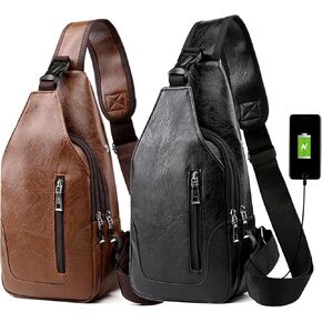 Peicees Leather Sling Bag Mens Crossbody Chest Bag Sling Backpack for Men with USB Charge Port, Vertical Zipper/Light Brown