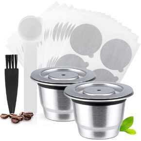 Refillable Coffee Capsules Stainless Steel Reusable Nespresso Pods Compatible with Nespresso Original Line Machines (2 Cups + 100 Lids)