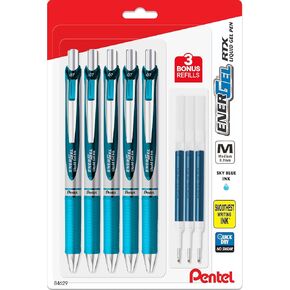 Pentel EnerGel 0.7 mm Liquid Gel Ink Pens - Pack of 5 Sky Blue Deluxe RTX Energel Pens with 3 Refills