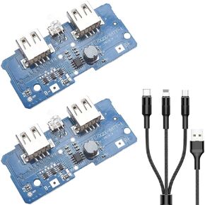 2 pcs 3.7V Turn 5V 2A Boost Step Up Module LED Light Display Dual USB Charging Circuit Board PCB Board with Three-in-one Data Cable for 18650 Lithium Battery Mobile Power Bank DIY