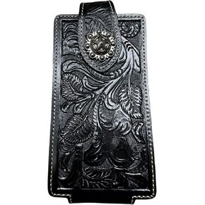 Western Leather Phone Belt Holster Cell Phone Case Phone Pouch Embossed Tooled Floral Cowboy Lonestar Concho High End Case for iPhone Samsung 15 Plus 14 Pro Max Universal (Black)