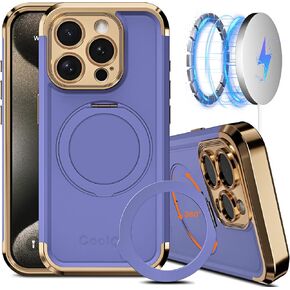 COOLQO for iPhone 15 Pro Max Case 6.7'' Upgraded 360° Spin Magnetic Stand [Compatible with Magsafe][Military Protection] Shockproof Protective Phone Holder Cover for iPhone 15 Pro Max, Black Gold