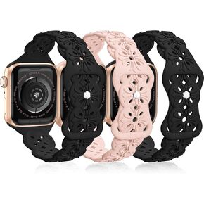 3 Pack Engraved Lace Silicone Bands Compatible with Apple Watch Band 38mm 40mm 41mm 42mm 44mm 45mm 49mm Women Men, Slim Thin Hollow-out Sport Strap for iWatch Series 9/8/7/6/5/4/3/2/1 SE Ultra 2/1