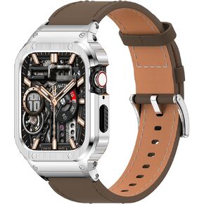 SUPLINK Stainless Steel Case and Band Compatible with Apple Watch Band 38mm 40mm 41mm 42mm 44mm 45mm 46mm 49mm,Leather Strap Metal Case for iWatch Series Ultra 10 9 8 7 6 5 4 3 2 1 SE Men