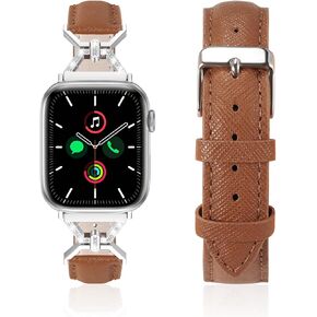 Genuine Leather Band Compatible with Apple Watch Women 38mm/40mm/41mm/42mm/44mm/45mm/46mm, Leather Apple Watch Band Women 8-Shaped Metal Crown for iWatch Series 10 9 8 SE 7 6 5 4 3 2 1 Se/Se 2