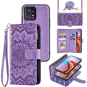 Phone Case for Motorola Edge+ Plus 2023/Edge 40 Pro 5G/Moto X40 Zipper Wallet Magnetic Detachable Cell Cover with Screen Protector Crossbody Lanyard Strap Flower Flip Card Holder Slot X + Blue
