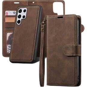 QLTYPRI Case for Samsung S23 Ultra, 2 in 1 Detachable Wallet Case PU Leather with [Card Slots] [Kickstand][Wrist Strap][Magnetic Closure] Shockproof Flip Cover for Samsung Galaxy S23 Ultra - Coffee