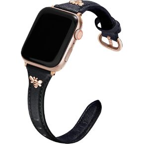 Slim Leather Bands Compatible with Apple Watch Band 38mm 40mm 41mm, Designer Top Grain Leather Watch Band with Feminine Design for Ultra SE & Series 8 7 6 5 4 3 2 1 (38, Black/Rose Gold)